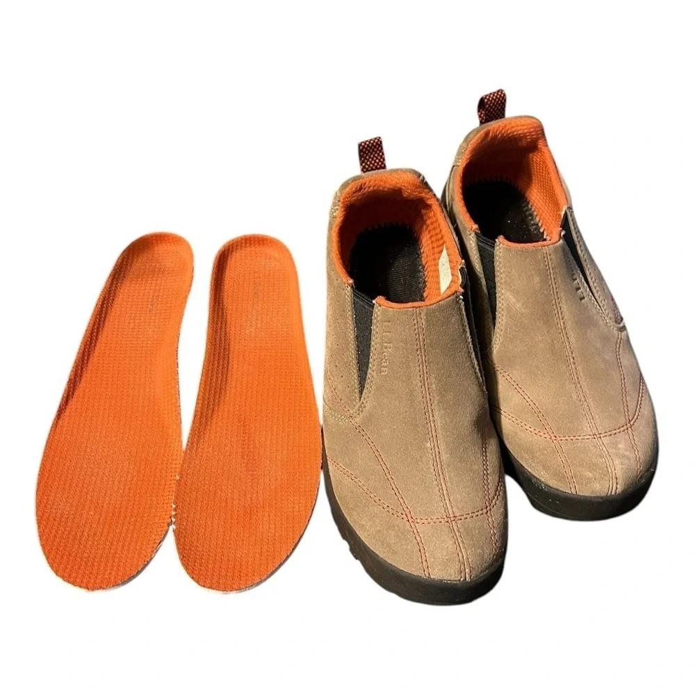 LL Bean Rugged Ridge Tan With Orange Suede Leather Loafers 287224 Size 8.5 M